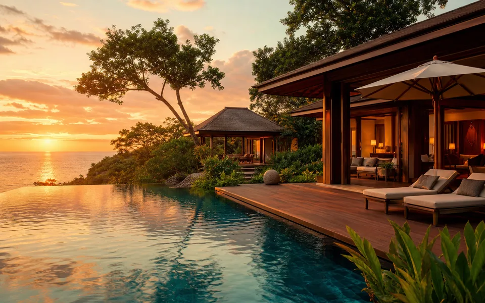 Imaginary tropical retreat with low-rise villas, an infinity pool, and lush greenery at sunset.
